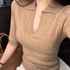 1116 Summer New Temperament Polo Collar Slim-fit Medium-sleeved Knitted Sweater Women's T-shirt Unique Design Pure Desire Top