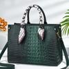 Womens Handheld Crossbody Bag With Crocodile Embossed And Silk Scarf Decoration