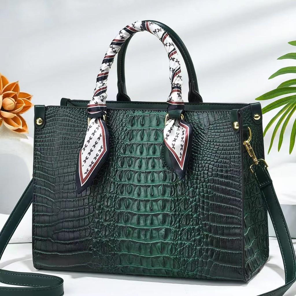 Womens Handheld Crossbody Bag With Crocodile Embossed And Silk Scarf Decoration
