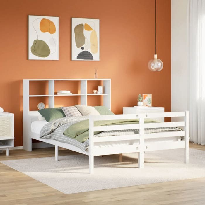 VidaXL Lit bibliothèque sans matelas blanc 140x200 cm bois pin massif, lit, meuble de chambre à coucher, lit avec rangement, 3322238