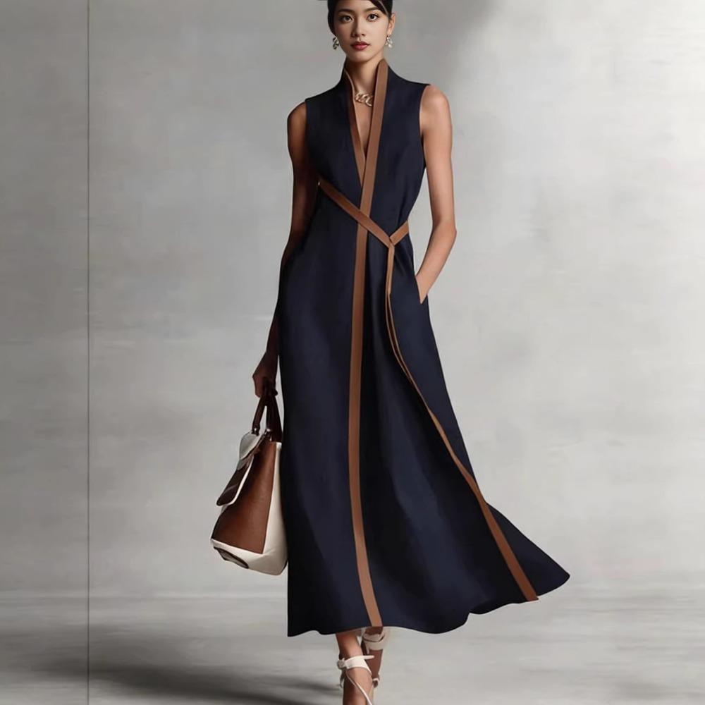 European and American summer stand-up collar sleeveless casual contrasting color loose dress