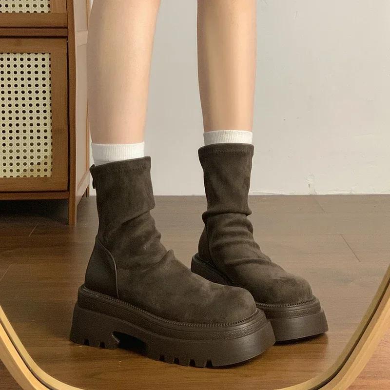 Designer Vintage Women Stretch Modern Boots Fashion Back Zippers Short Booties Ladies Elegant Thick Heel Shoes