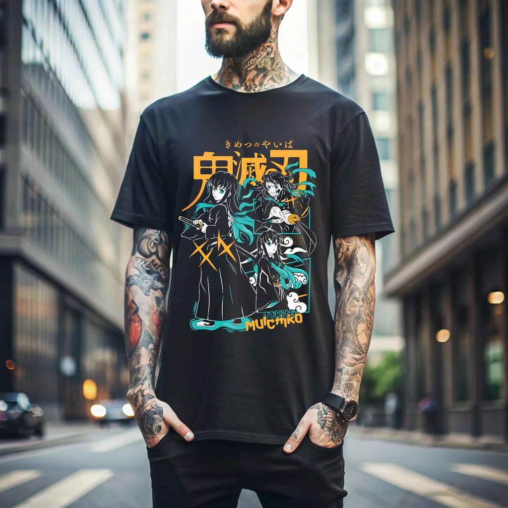 100% cotton TOPS UNISEX TEES MENS WOMENS Muichiro Tokito T-shirt Kimetsu no Yaiba Demon Slayer Anime Black Shirt Gift 343