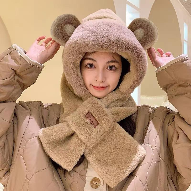 Cute bear plush hat women's autumn and winter new cold-proof and warm hat, scarf integrated thickened ear protection headgear