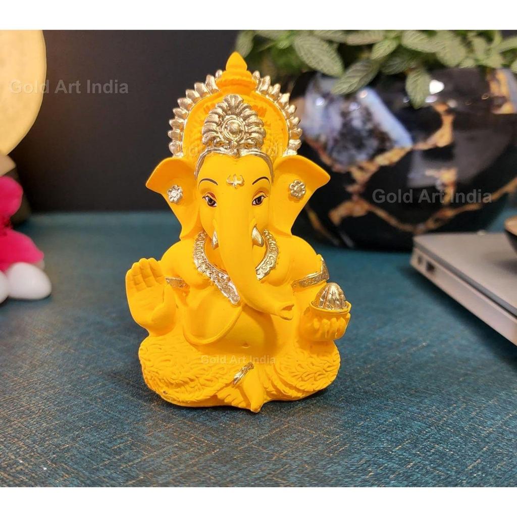 Yellow Mukut Ganesha - Good for Divine Home/Office Decor, Car Dashboard Idol, Housewarming Gift