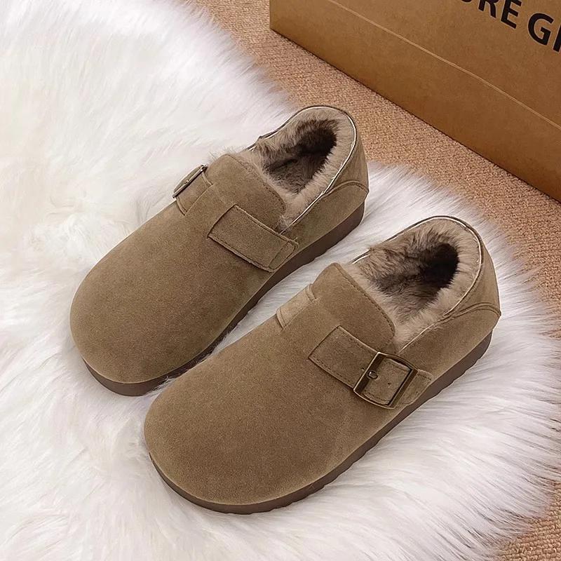 Vintage Flat Boots Women's Winter Warm Cotton Shoes Soft Bottom Slip-on Shoes Thickened Brogues Women Shoes