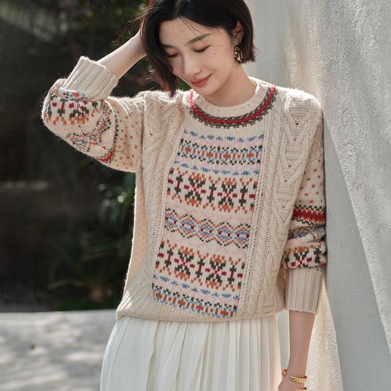 

Women s 100% Pure Cashmere Fair Isle Round Neck Loose Knit Sweater for Autumn/Winter One Size