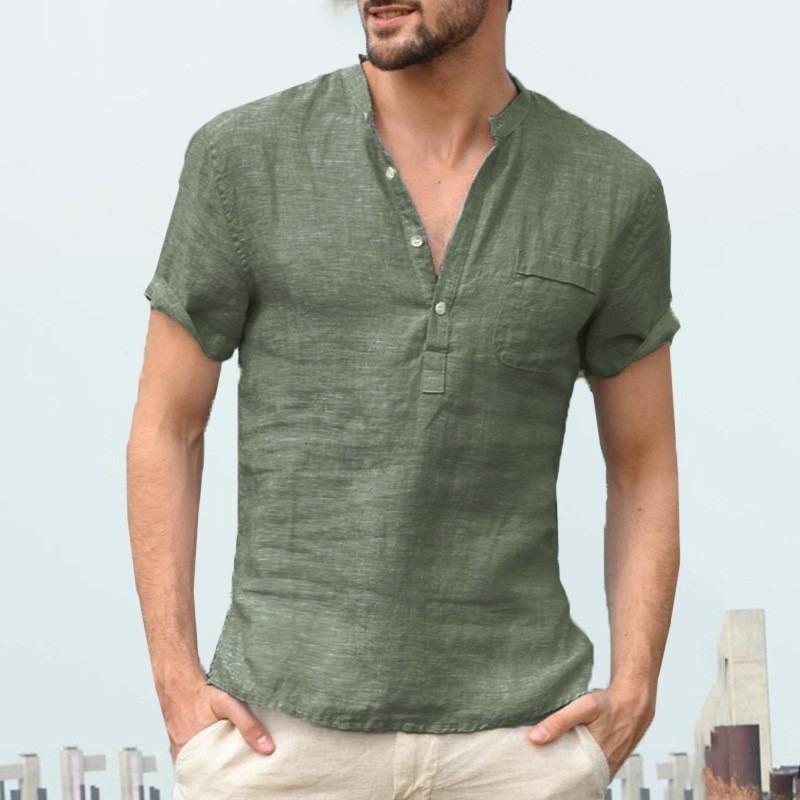 

Summer new cotton and linen short-sleeved men s T-shirt stand-up collar buckle semi-open simple short-sleeved shirt 5XL темно-зелений колір