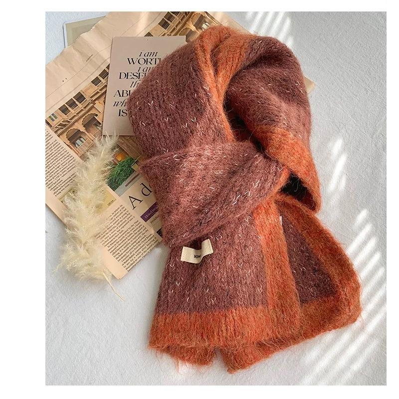 Xiaoxiangfeng Color Blocked Wool Scarf for Women Winter High End Thickened Warm Mohair Knitted Shawl Scarf for Students