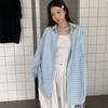 Women's Blue Checkered Long Sleeve Shirt Lapel Collar Casual Blouse Stylish Loose Button Down Shirts Fashion Office Wearing