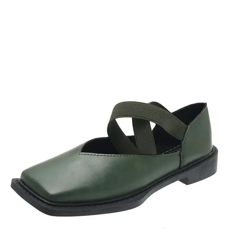 Flats Mary Jane Flat Green Normal Leather Casual Women's Shoes Square Toe Japanese Style Lolita Ladies Footwear Gothic Fashion