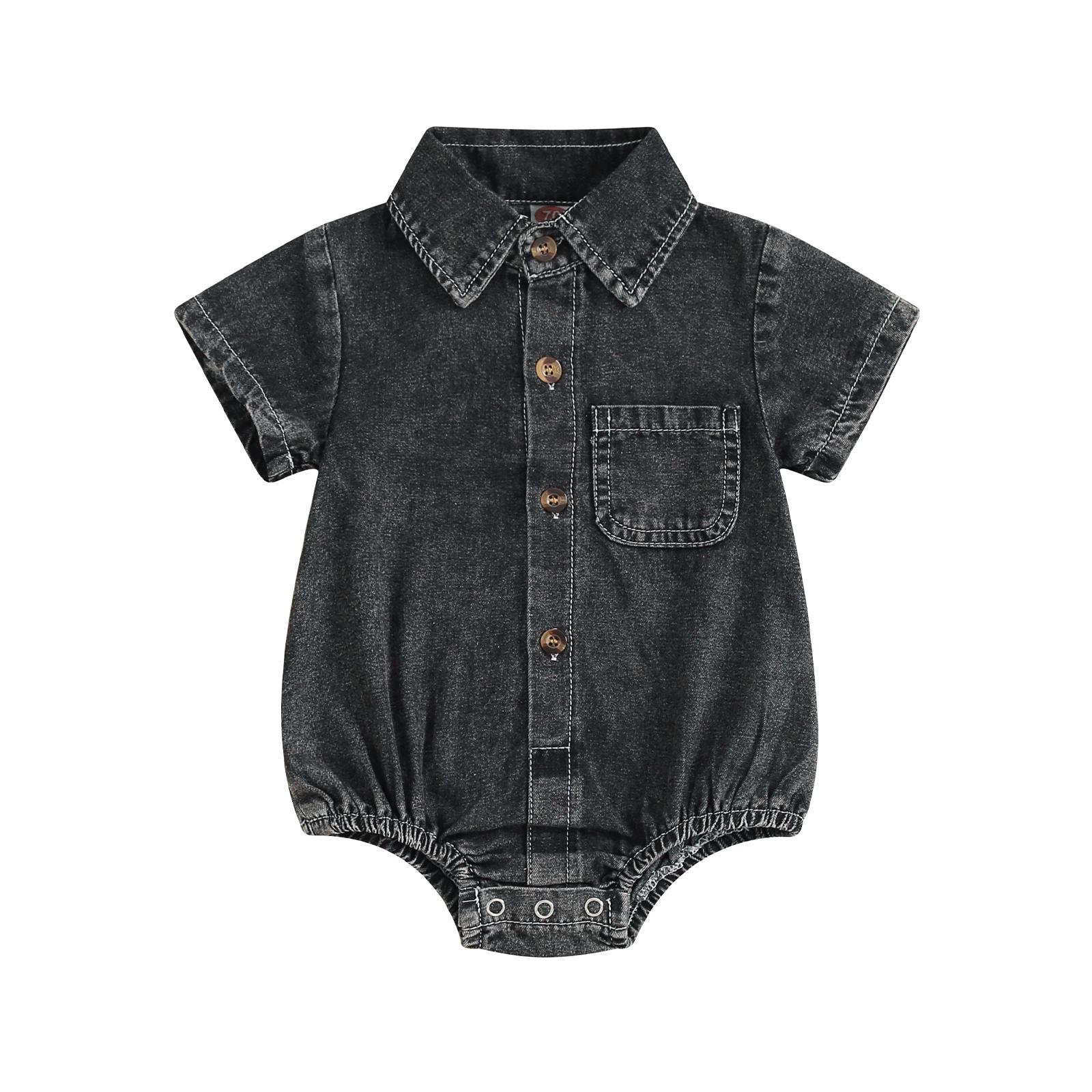 

Детские комбинезоны для мальчиков и девочек из денима, однотонные, с короткими рукавами и отложным воротником, детские комбинезоны, летние, на пуговицах, повседневные боди 12-18 Months темно-серого
