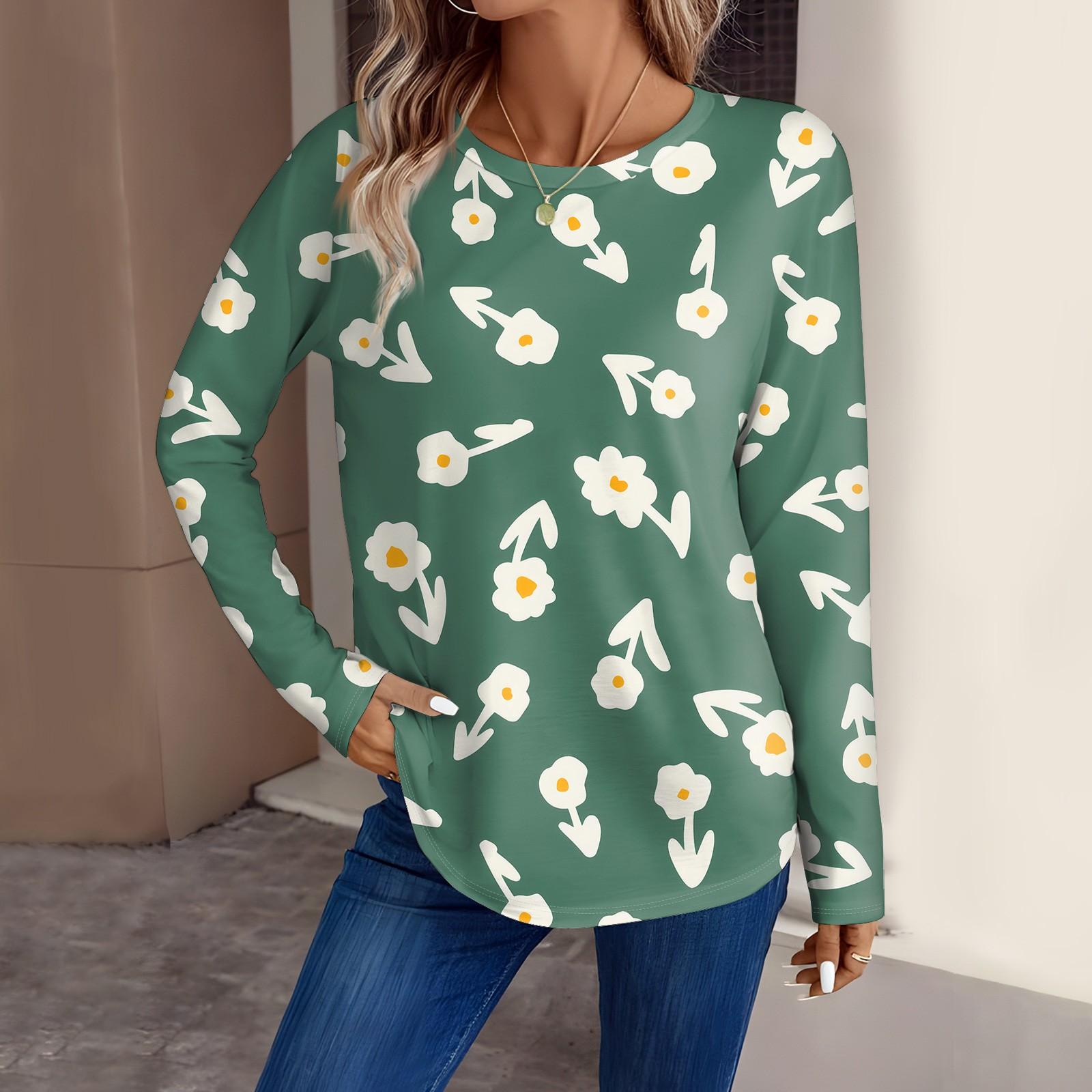 Женская мода повседневный топ с длинным рукавом с цветочным принтом и круглым вырезом — фото 8