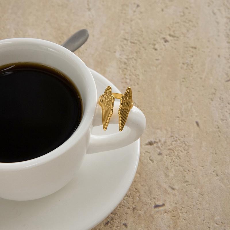 Minimalist 18K Gold Color Plated Angel Wings Open Rings Trendy Waterproof Stainless Steel Jewelry