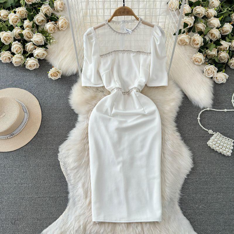 

Accessible Luxury Socialite Beaded round Neck Mesh Dress Short Sleeve White L