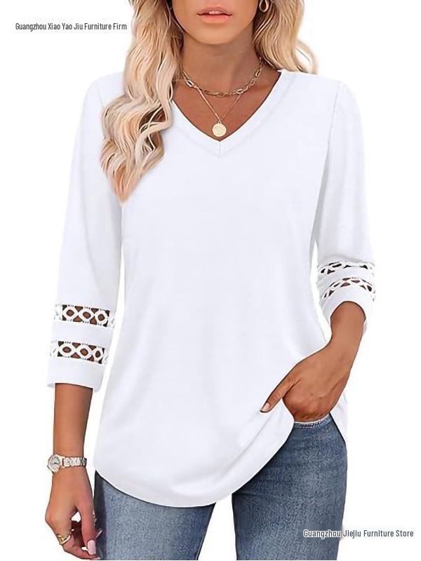 2026 Women's Fashion Solid Color V-Neck Loose Three-Quarter Sleeve Round Neck Hollow-Out Casual Top