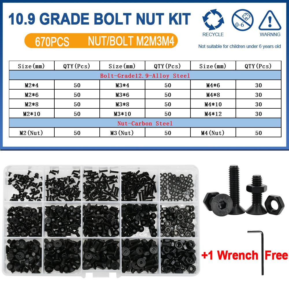 Grade 10.9 Carbon Steel Black Countersunk Flat Head Hex Bolt Nut Kit Electric Machine Screws Hexagon Allen Bolts M2 M3 M4 M5 M6