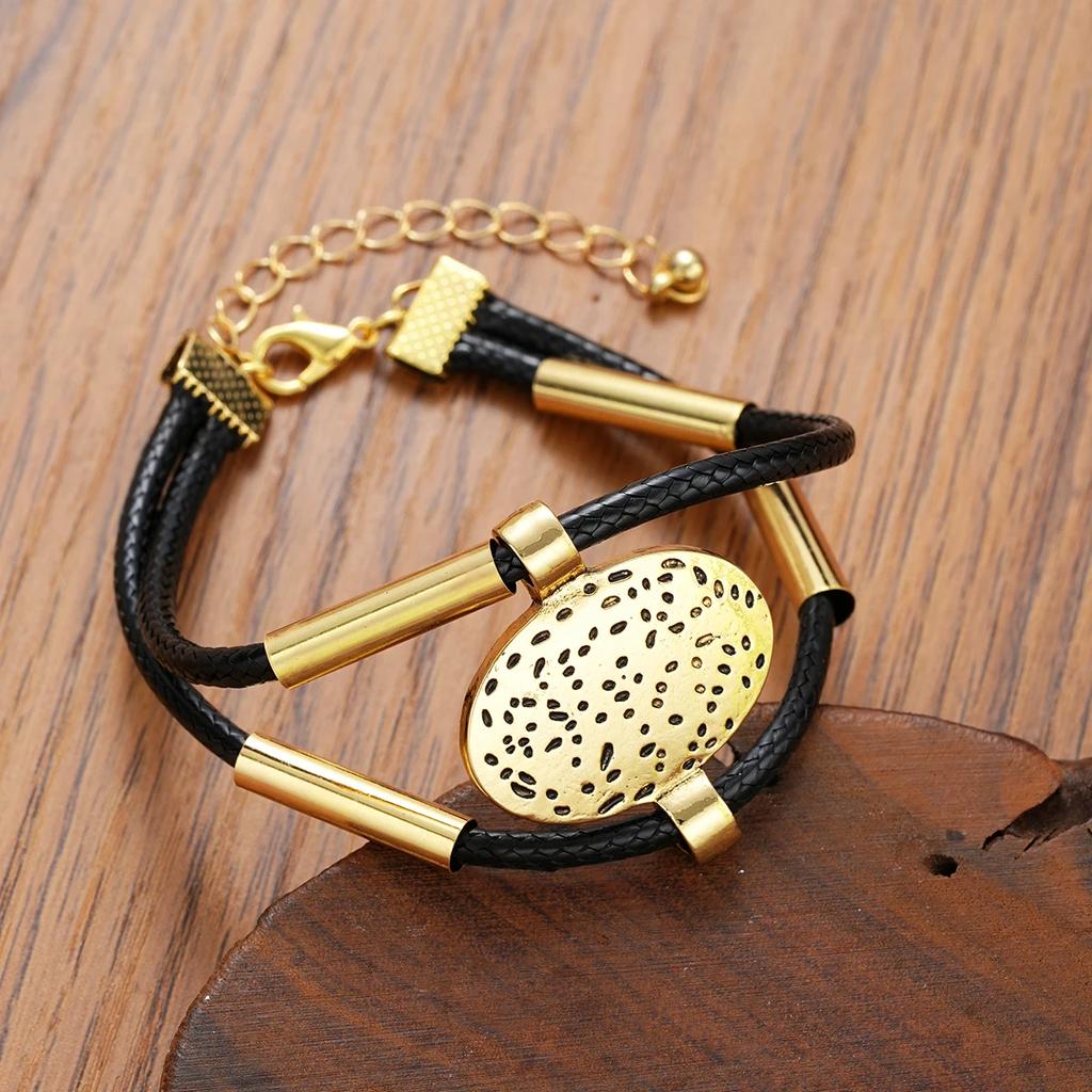 Vintage Oval Metal Faux Leather Necklace Bracelet For Women Fashion Gold Silver Color 2Pcs/Set Double Layered Chain Jewelry Sets