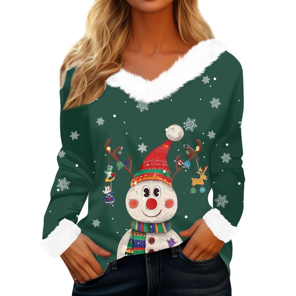 Women's T Shirt Tee Christmas Shirt Long Sleeve Party Christmas Print Fleece Collar V Neck Top