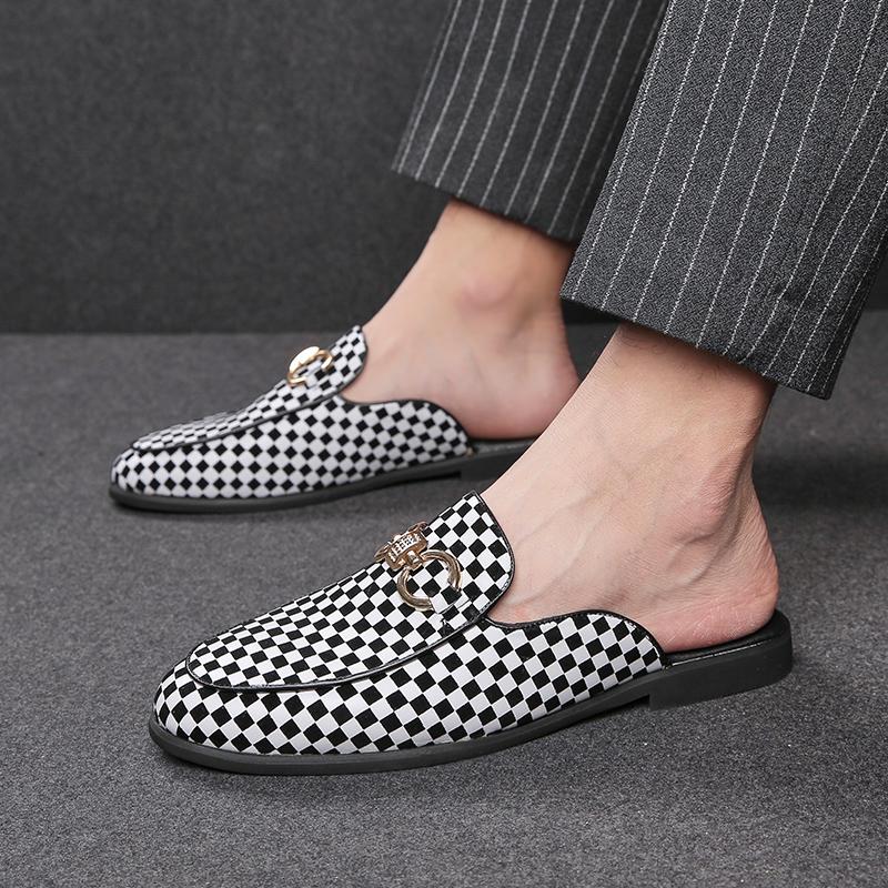 New Men Metal Buckle Half Slippers Loafers Male Casual Patent Leather Mules Moccasins Breathable Slip On Driving Shoes
