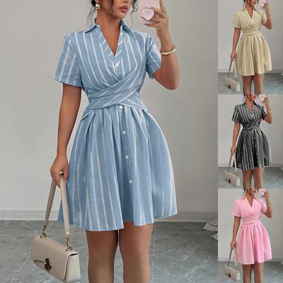 Women's Summer Striped Shirt Mini Dress Collared V Neck Short Sleeve Crisscross Tie Waist Button Front A-Line Elegant Casual Daily Dress