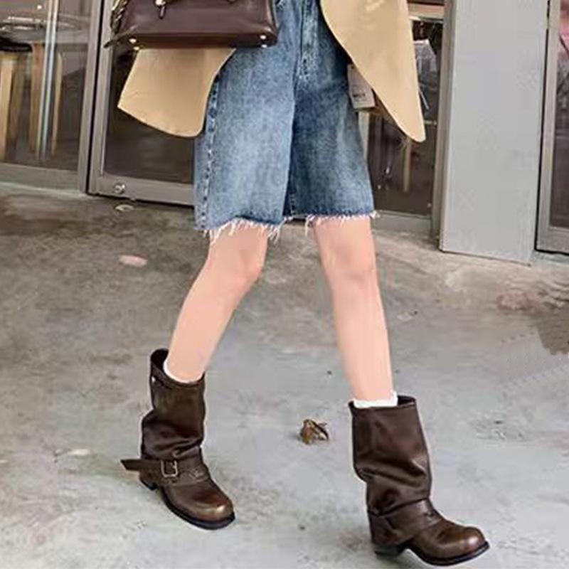 Height Increase Wasteland Wind Fold Trouser Tube Boots Versatile Pile Western Short Boots Are Not Tired Women
