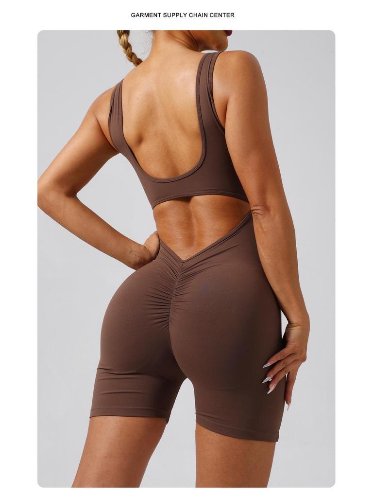 Women's Backless Slim Fit Yoga Jumpsuit - High Elastic, Hip Lifting, Square Neck, One-Piece Sports Shorts.
