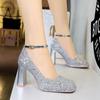 Women's Shoes with Thick Heels, High Heels, Waterproof Platform, Shallow Mouth, Square Toe, Sequins, Straight Strap, Single Shoe
