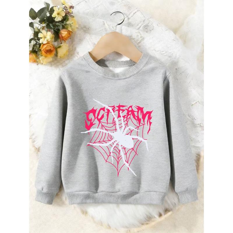 Unisex Kids Crewneck Sweatshirt, White Spider Pink Web Gothic Letter Print Pullover, Boys Girls Halloween Sweatshirt For Kids Over 4 Years Old