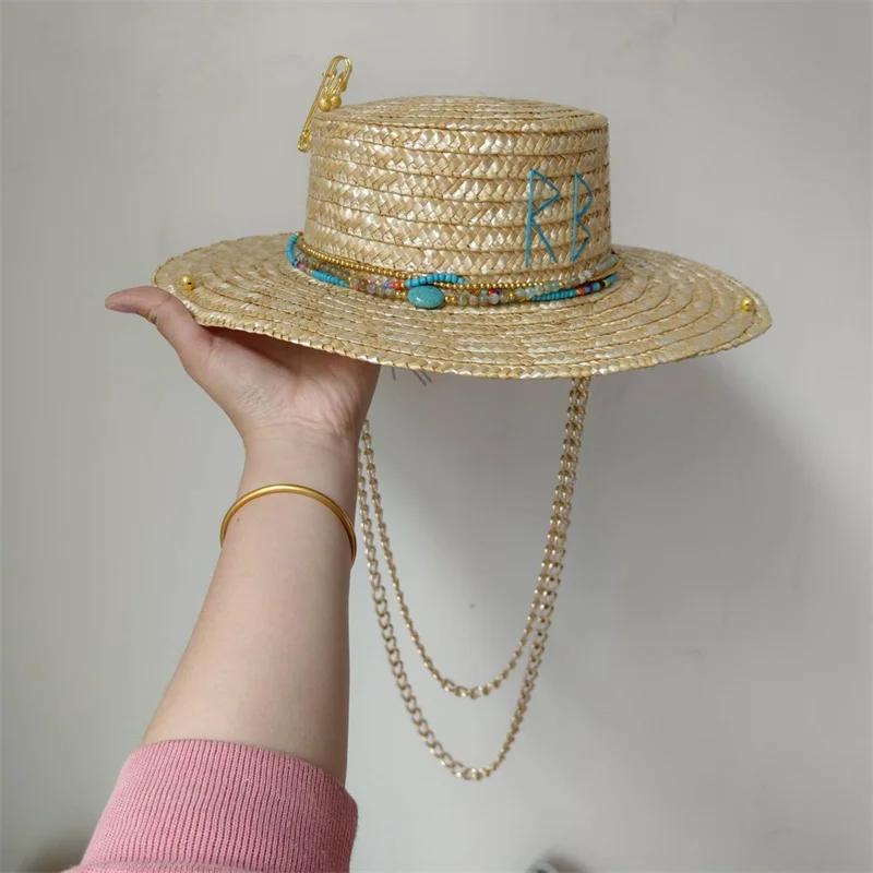 Classic Straw Hat Handmade Design Hat Pearl Chain Summer Sun Hat New Letter Hat Beach Women Gorras Para Hombres