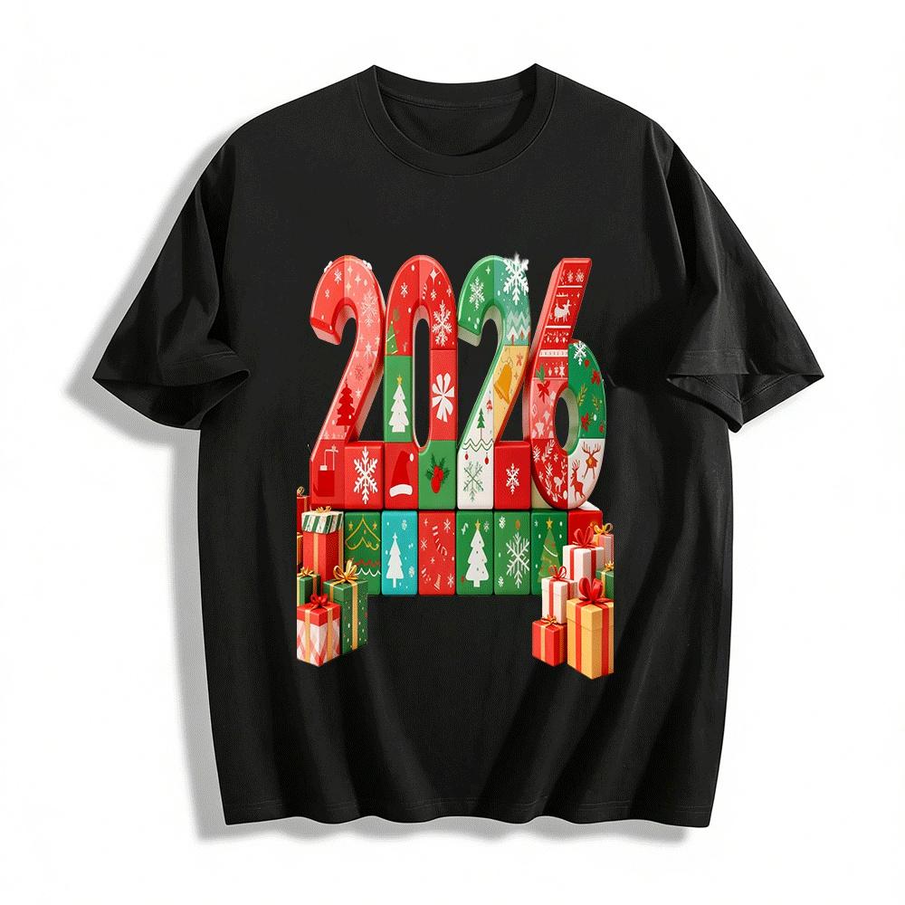 2026 Christmas Themed Number Print Casual Top For Men And Women Pure cotton T-shirt XXS