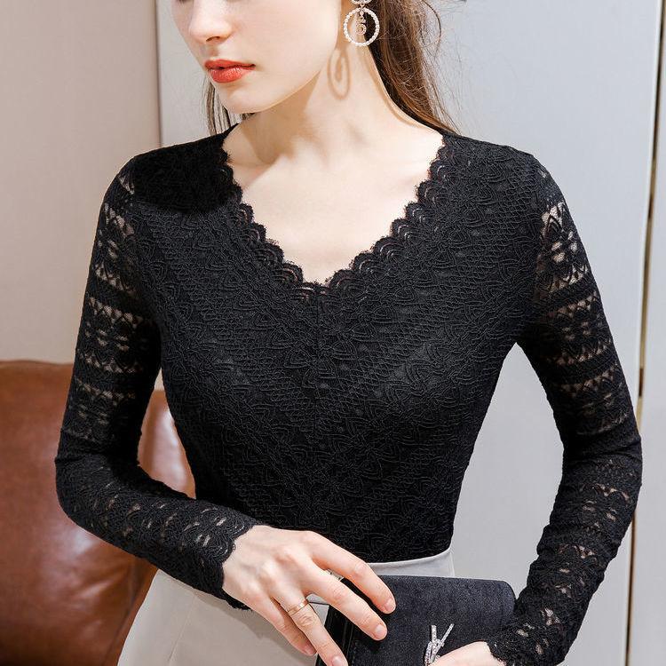 Herbst und Winter Langarm Basis Hemd Mesh Spitze V-ausschnitt Hohl Spitze Frauen