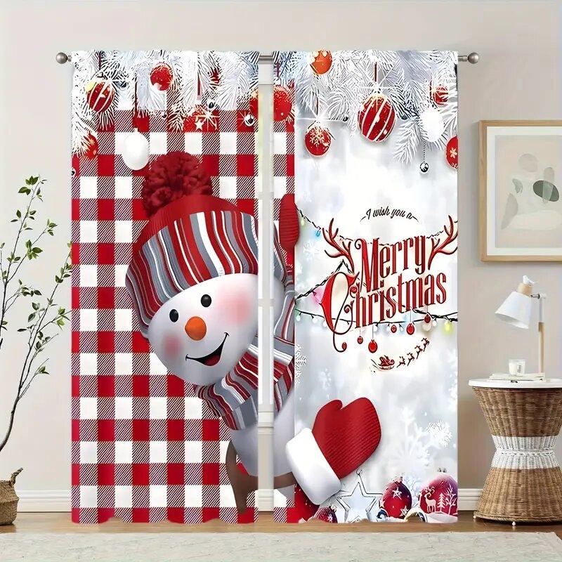 

Classic Christmas snowmen, checkered pattern printed curtains, pole bag home decoration, room decoration 14Wx39L(35x100CM)x2