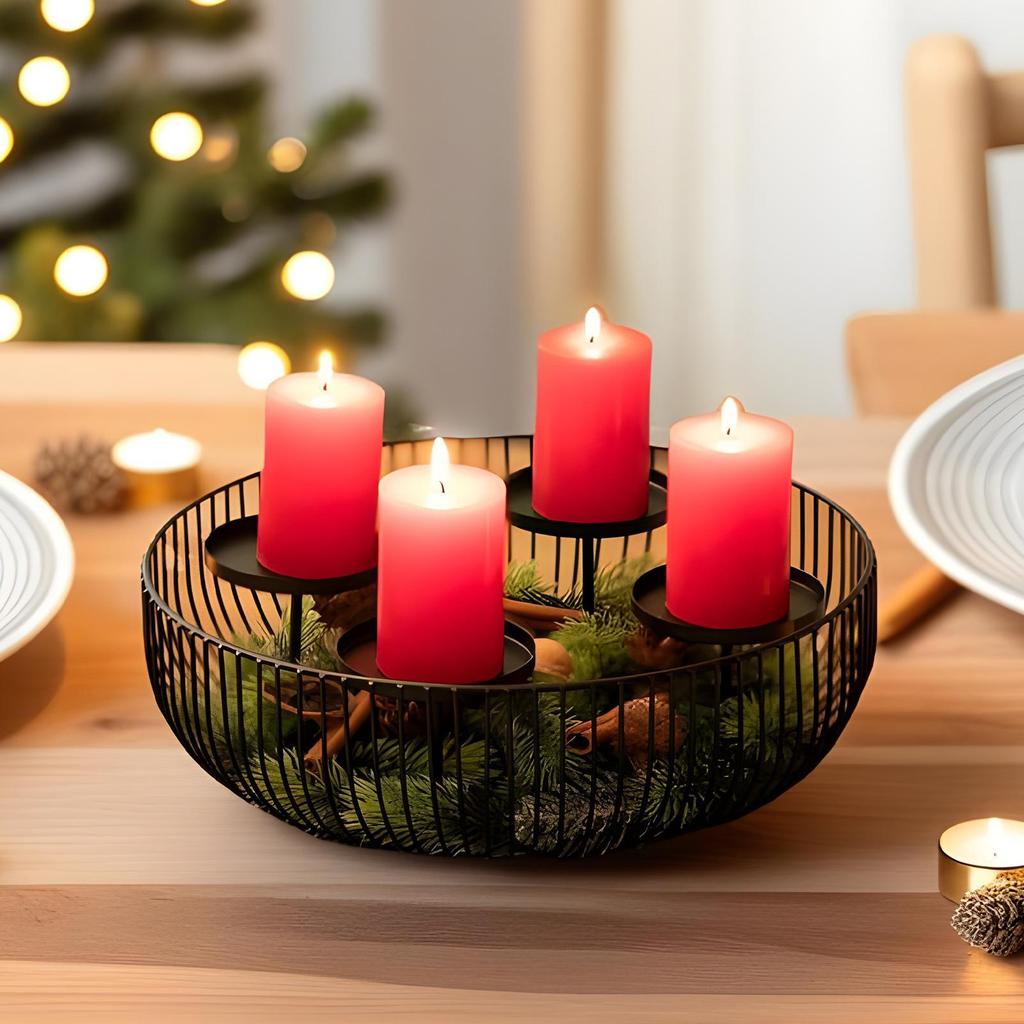 4-grid Christmas Advent Wreath Candle Holder Metal Black Cylindrical Candle Holder Decorative Candlestick Centerpiece For Winter