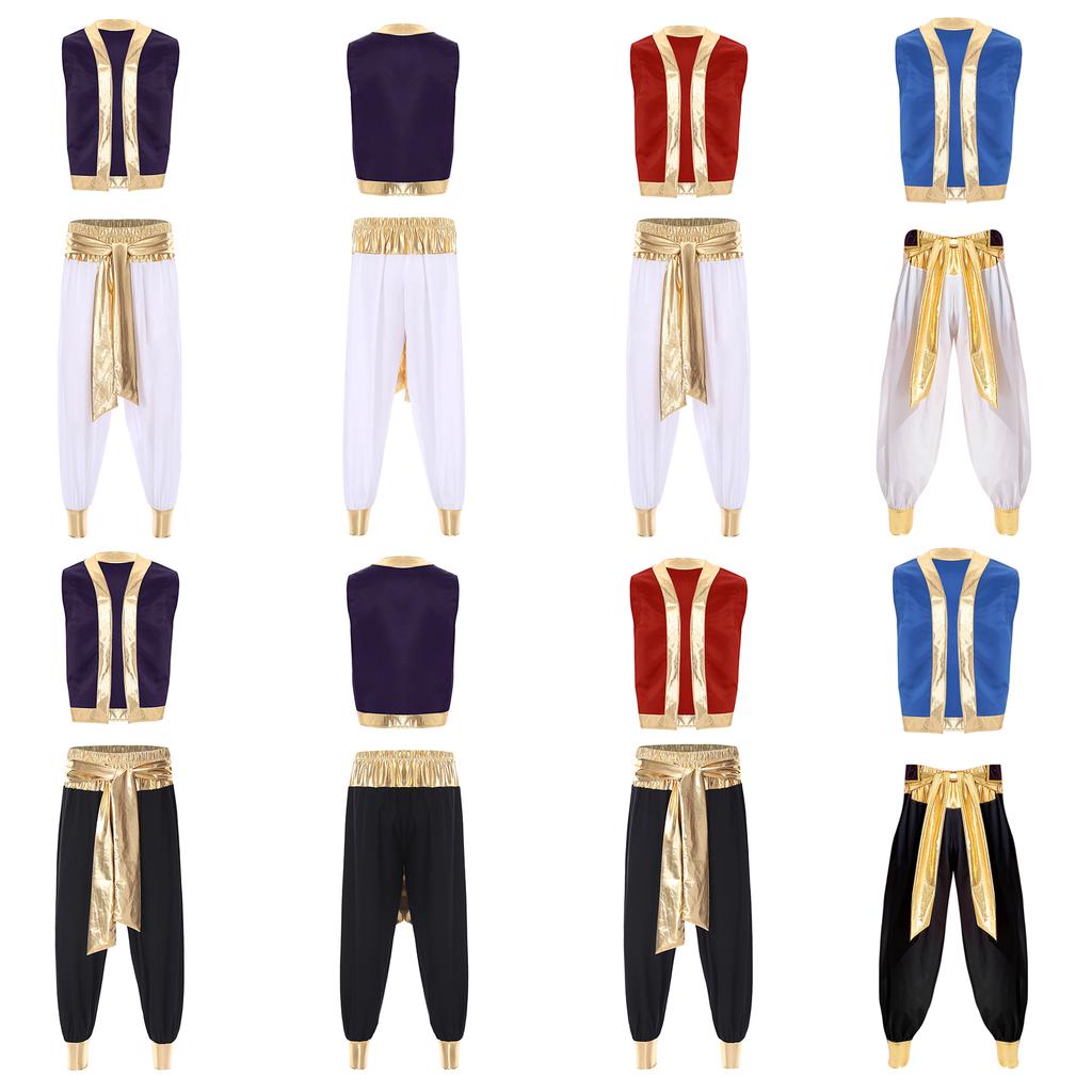 Halloween Arabian Prince Costume for Men M-3XL, 2Pc Metallic Shiny Vest with Open Front & Long Pants, Cosplay Theme Party