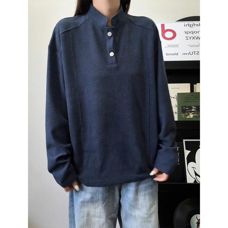 Navy Blue Breathable Henley Neck Long Sleeve T Shirt Men Casual Cleanfit Couple Top