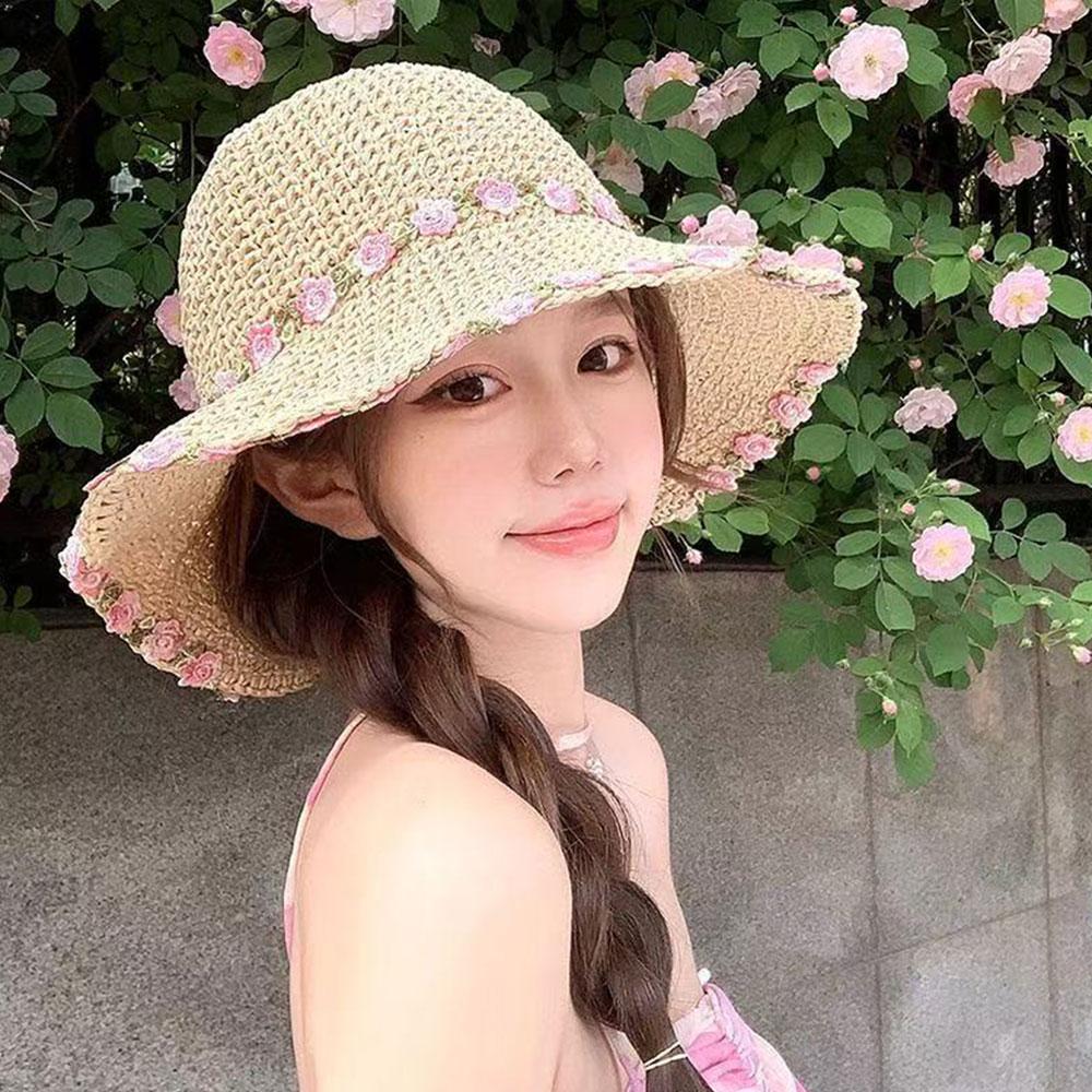 Korean Fashion Straw Hat Womens Summer Sun Hats Sweet Floral Wide Brim Sunscreen Bucket Caps Female UV Protection Beach Cap