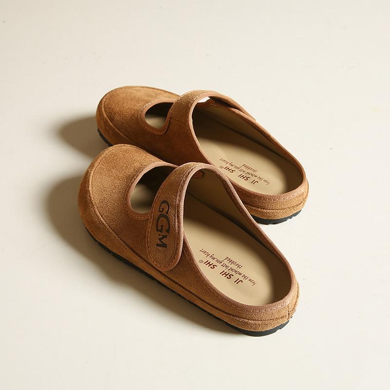 Retro Literary Style Velcro Mary Jane Shoes Bag Head Half Slippers Women Wear a Pedal After Empty