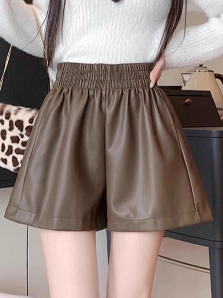 Women's High-Waist A-Line PU Leather Shorts - Brown, Autumn/Winter 2023, Fashionable Slim Wide-Leg Design for Outerwear with Boots.