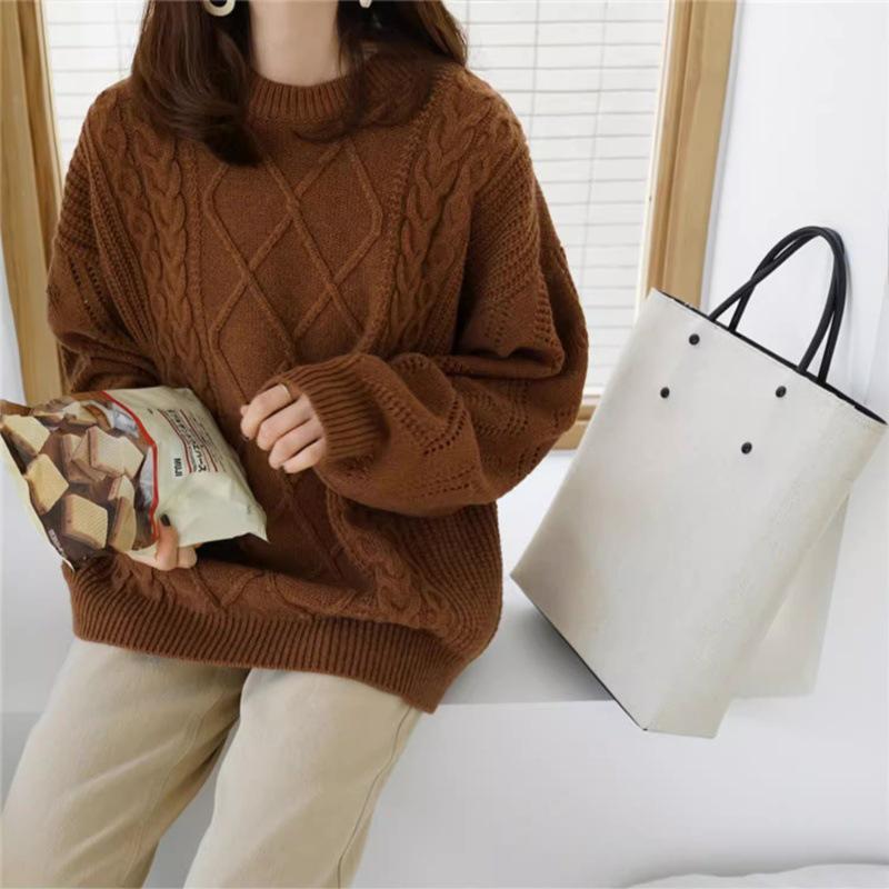 2025 Autumn/Winter Women's 100% Pure Wool Sweater—Round Neck, Warm Diamond Pattern, Classic Versatile Loose Fit