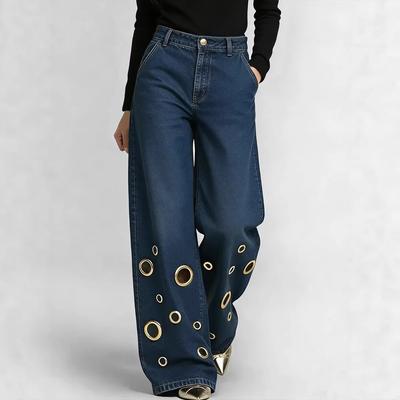 Hollow Out Metall Jeans Damen Sommer Mode Hohe Taille Locker Denim Hose Frühling Herbst Streetwear Lässig Damen Hose