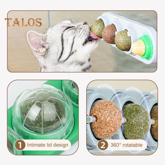 4Pcs Catnip Licking Balls Rotatable Wall Cat Edible Ball Toy with Natural Catnip Silvervine Safe Healthy Kitten Teeth Cleaning Dental Toy for Indoor