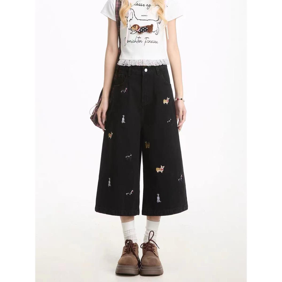 

Женские милые капри с вышивкой щенков - Лето 2025 Свободные, Прямые, Широкие, Длина семь восьмых. M чёрный