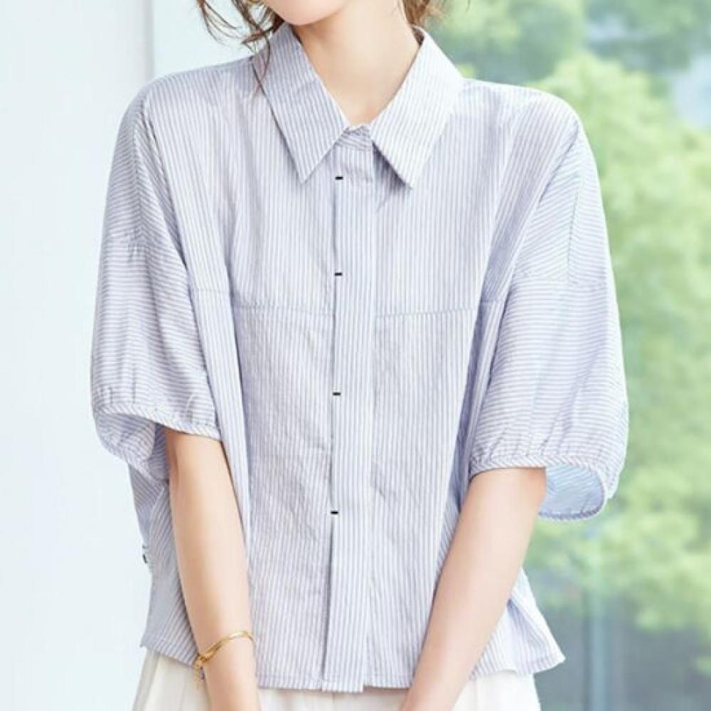 Navava Women Casual Daily Stripe Collar 5 Sleeve Shirt Blouse Nb3190