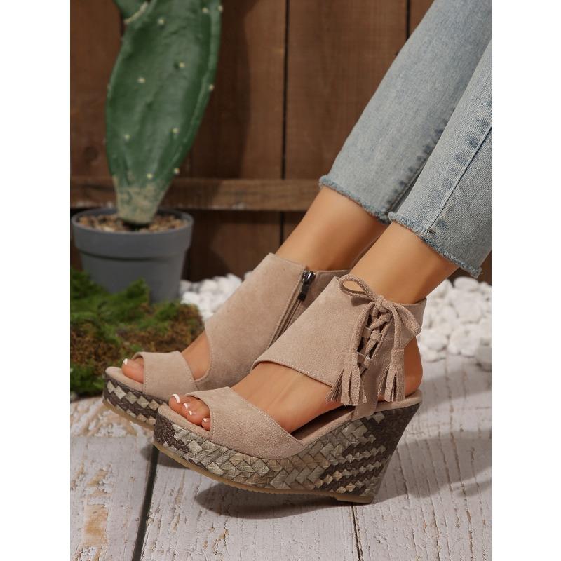 Summer New Wedge Sandals Women's 2025 Plus Size Muffin Fringe Thick-soled Fish Mouth Roman Sandals