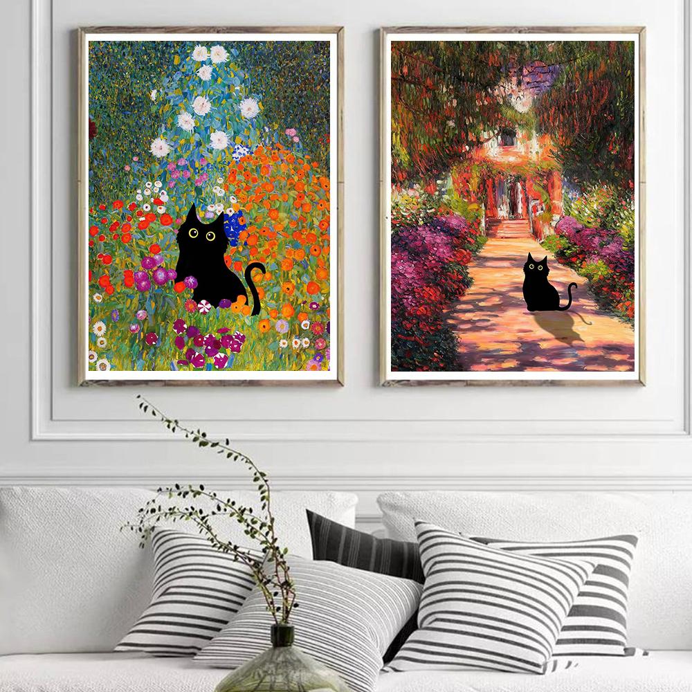 

Клод Моне постер с садовым котом и принтами цветок Климта, черный кот, холст, живопись, натуральное искусство, скандинавская настенная картина, декор для комнаты, подарок