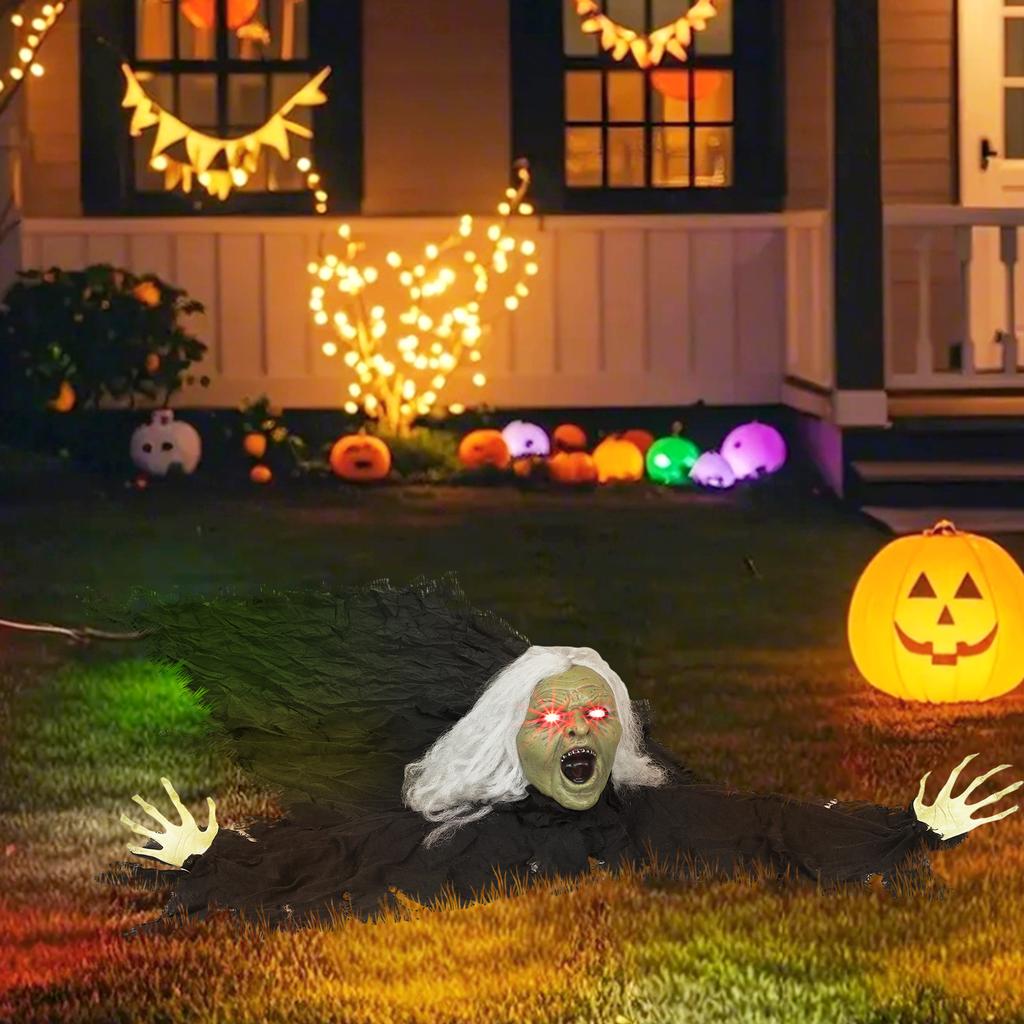 183cm Halloweenská dekorace Halloweenská zombie stará žena s LED světly, zvukovou funkcí, na párty