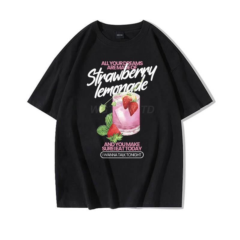 Strawberry Lemonade T-Shirt Cotton Summer Tops Women's Clothing Pink Strawberry Top Girl Outfits Gift Fashion Casual T-shirts