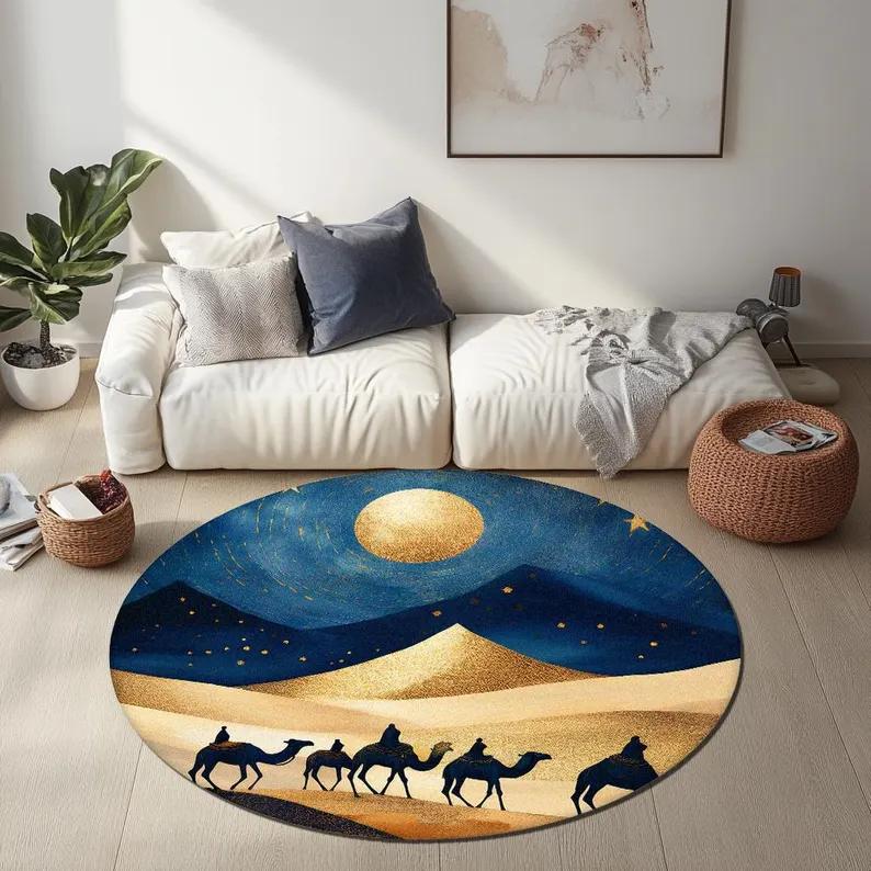 Wüstenlandschaft Runder Teppich Boho Heimdekoration Rutschfester Teppich Kaktus Sonnenuntergang Design Retro Westliches Rundes Matten für Wohnzimmer