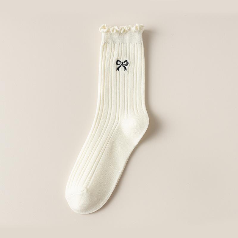 Female Spring and Autumn Embroidery Bow Wooden Ear Edge Boneless Drum Pile Pile Cotton Socks